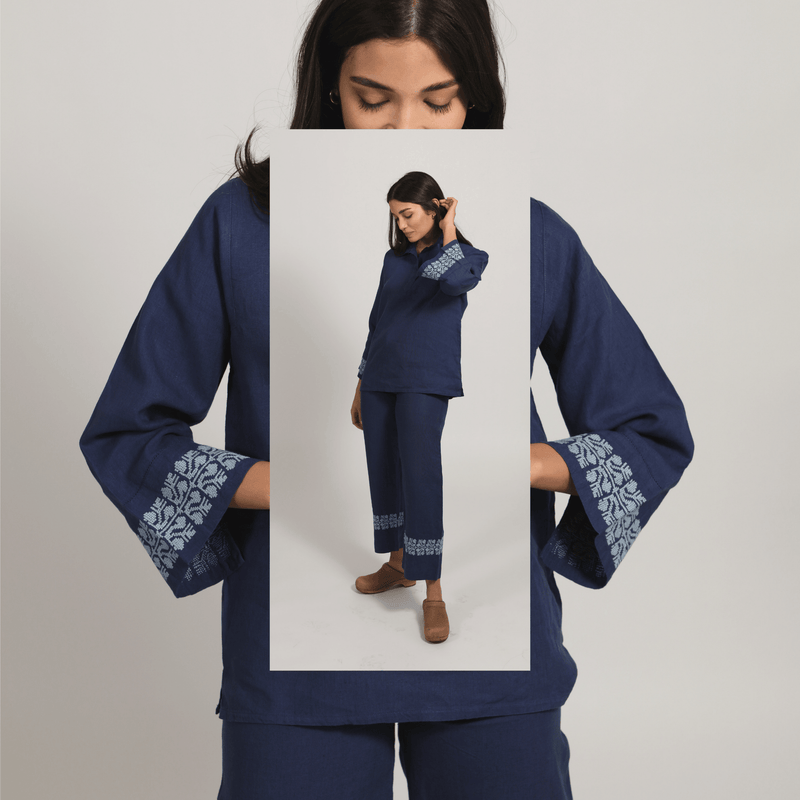 POLO COLLAR | INDIGO BLUE LINEN A-SHAPE TOP | SINEAD