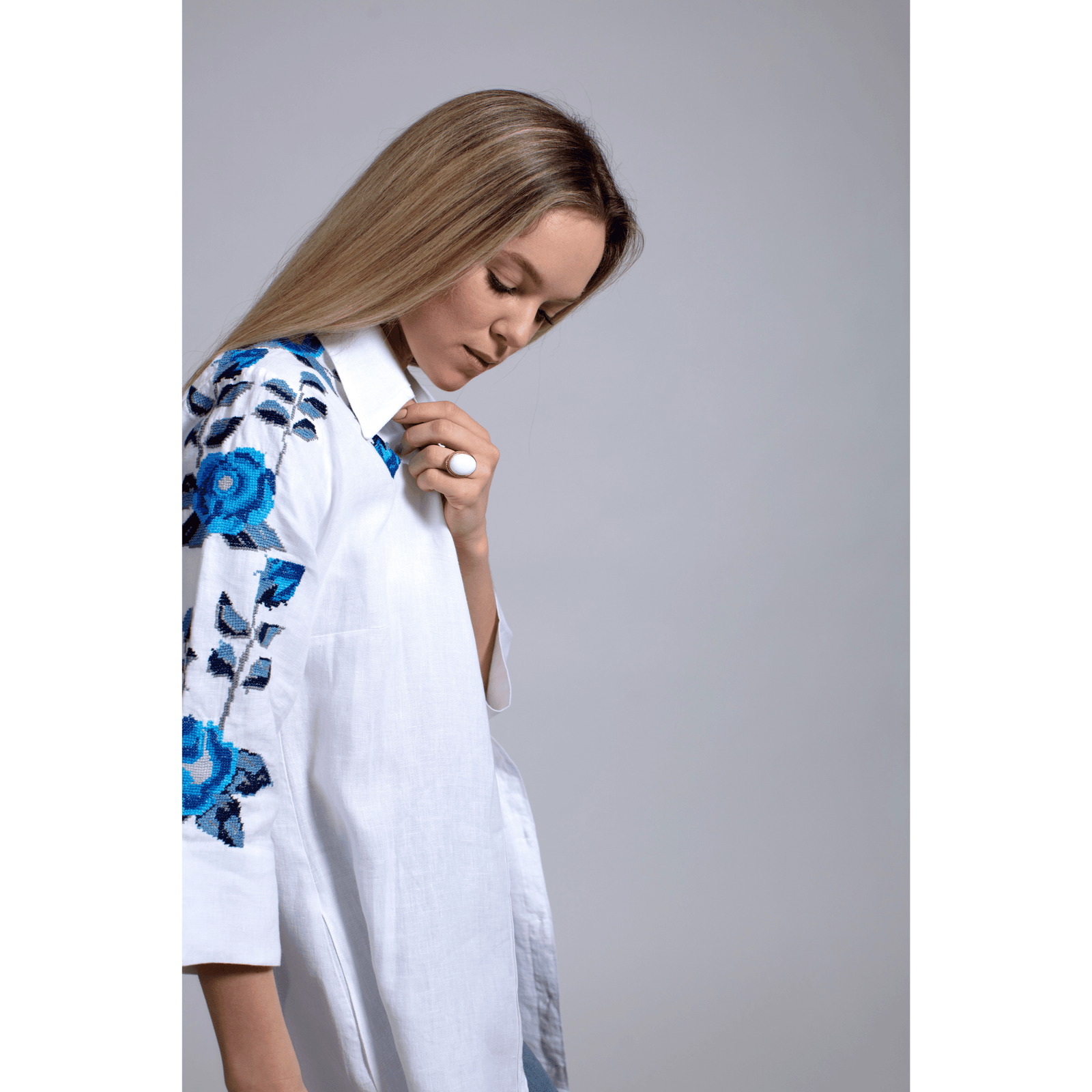 WHITE LINEN SHIRT DRESS SEA BLUE HANA ROSE