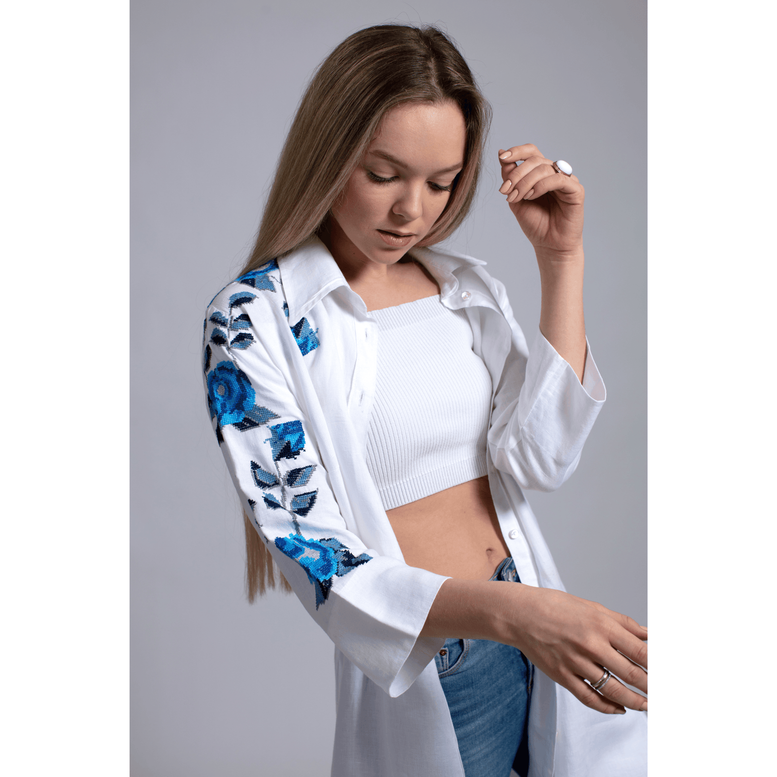 WHITE LINEN SHIRT DRESS SEA BLUE HANA ROSE