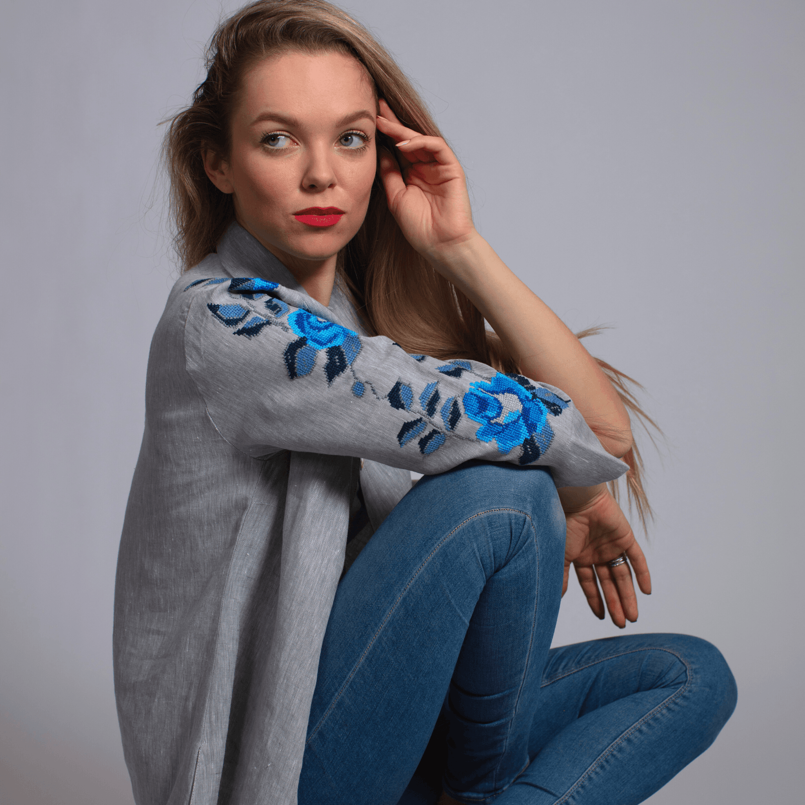 GRAY LINEN SHIRT DRESS SEA BLUE HANA ROSE