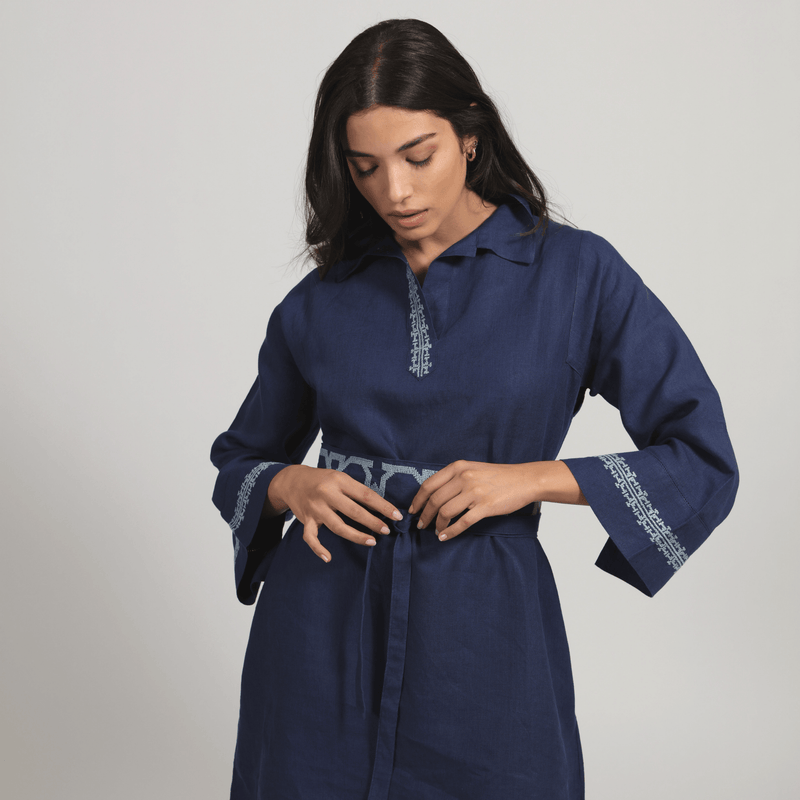 POLO COLLAR | INDIGO BLUE SHORT LINEN DRESS | IBRAHIM