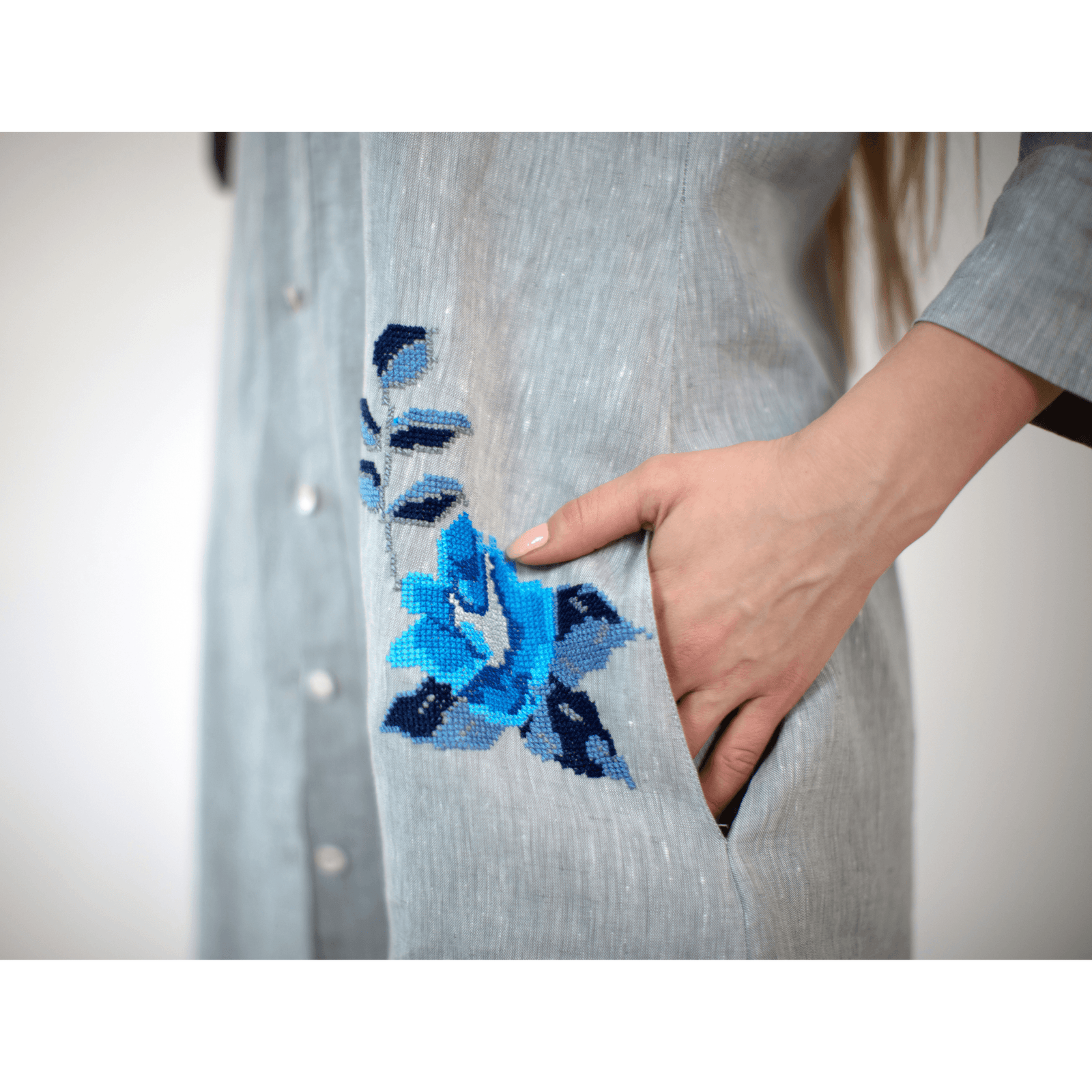 GRAY LINEN SHIRT DRESS SEA BLUE HANA ROSE