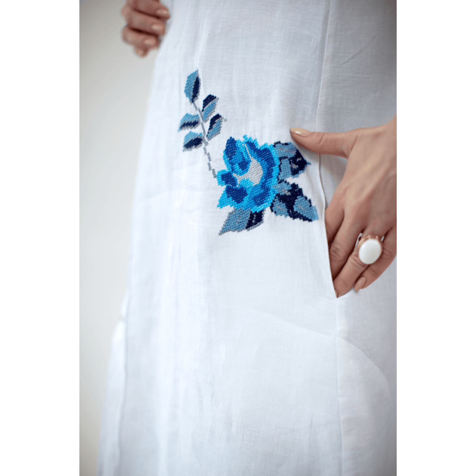 WHITE LINEN SHIRT DRESS SEA BLUE HANA ROSE