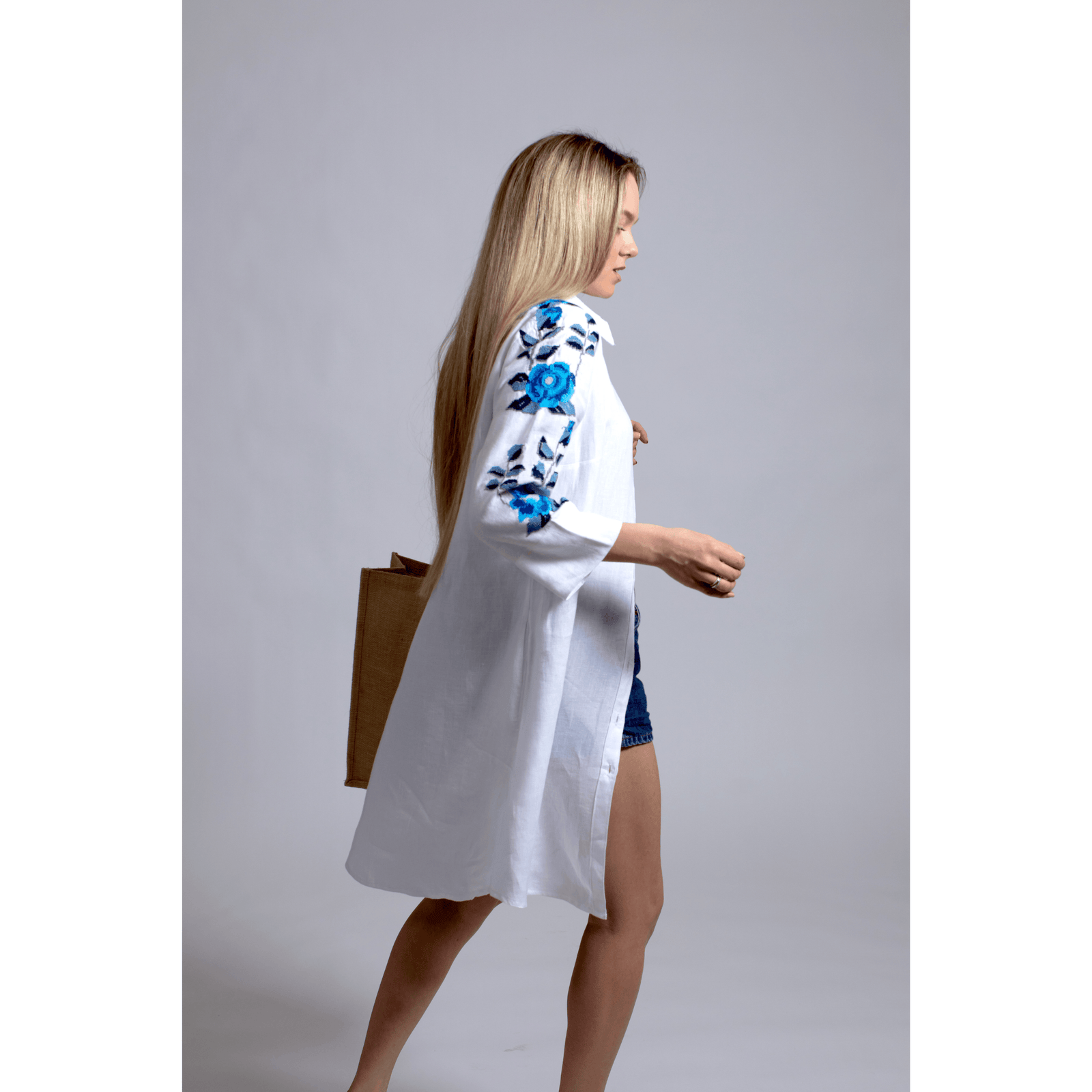WHITE LINEN SHIRT DRESS SEA BLUE HANA ROSE