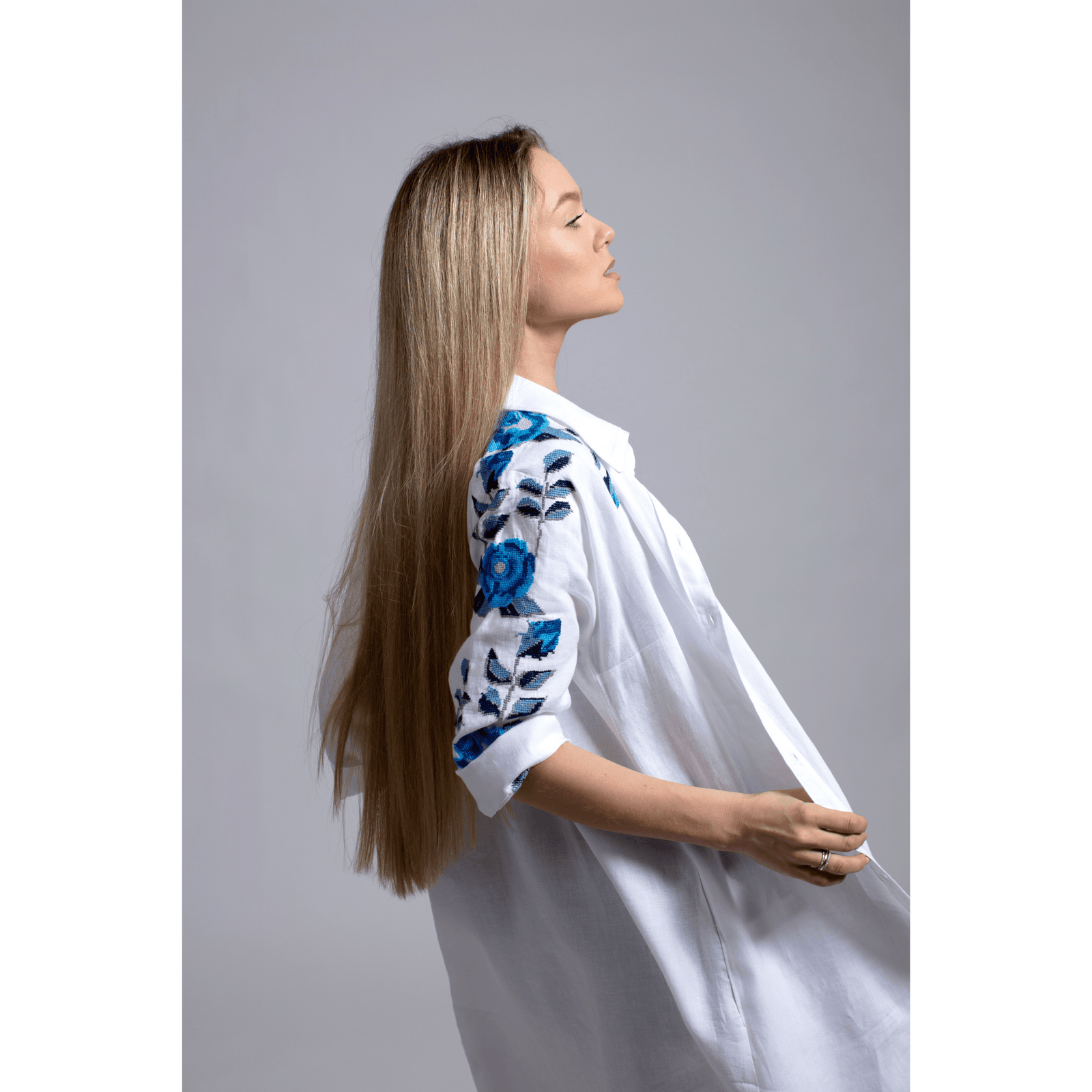 WHITE LINEN SHIRT DRESS SEA BLUE HANA ROSE
