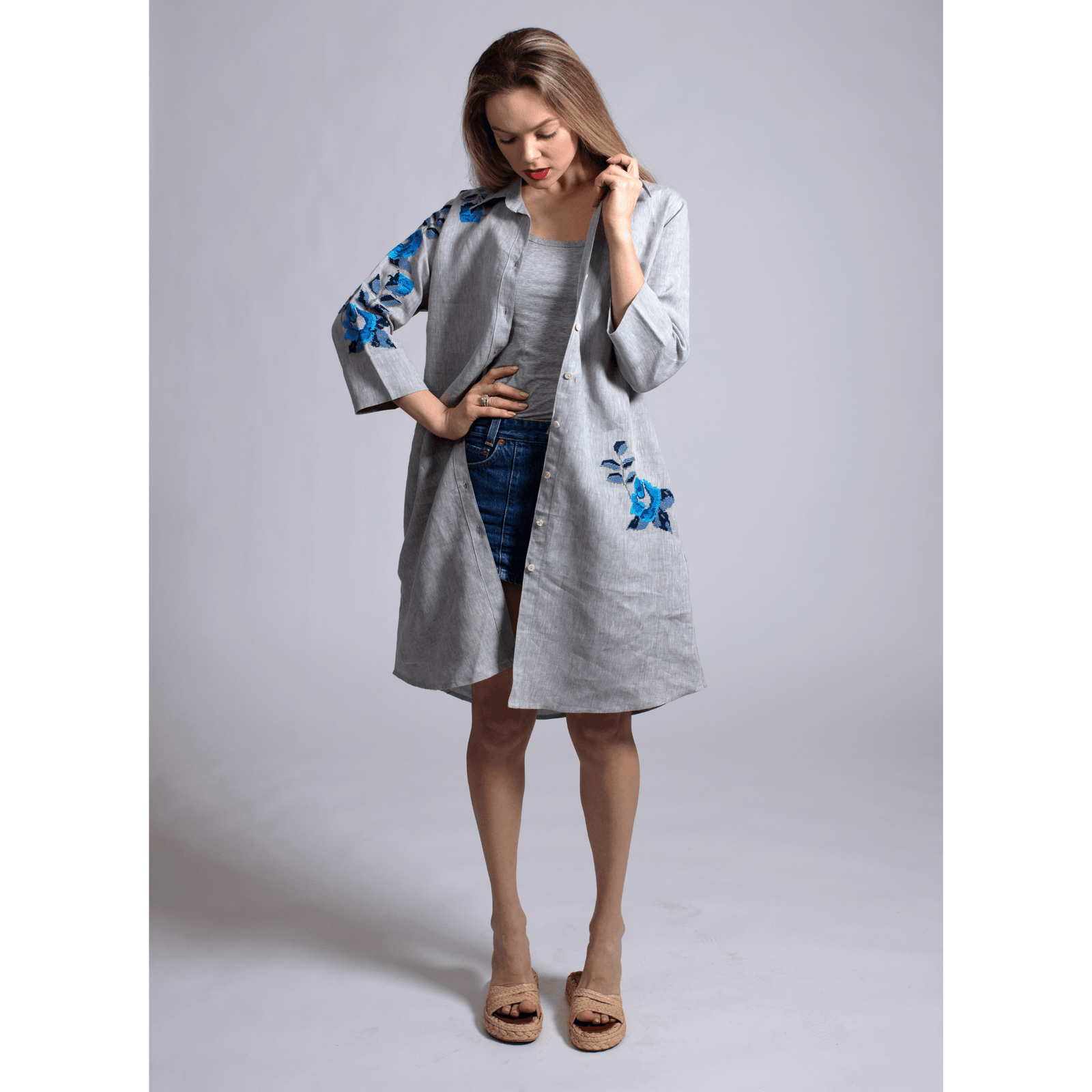 GRAY LINEN SHIRT DRESS SEA BLUE HANA ROSE