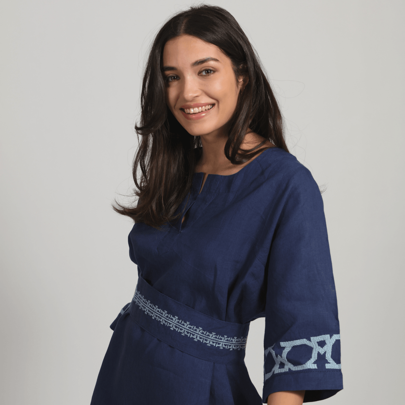 ESMERALDA INDIGO BLUE SHORT LINEN DRESS AL QUDS