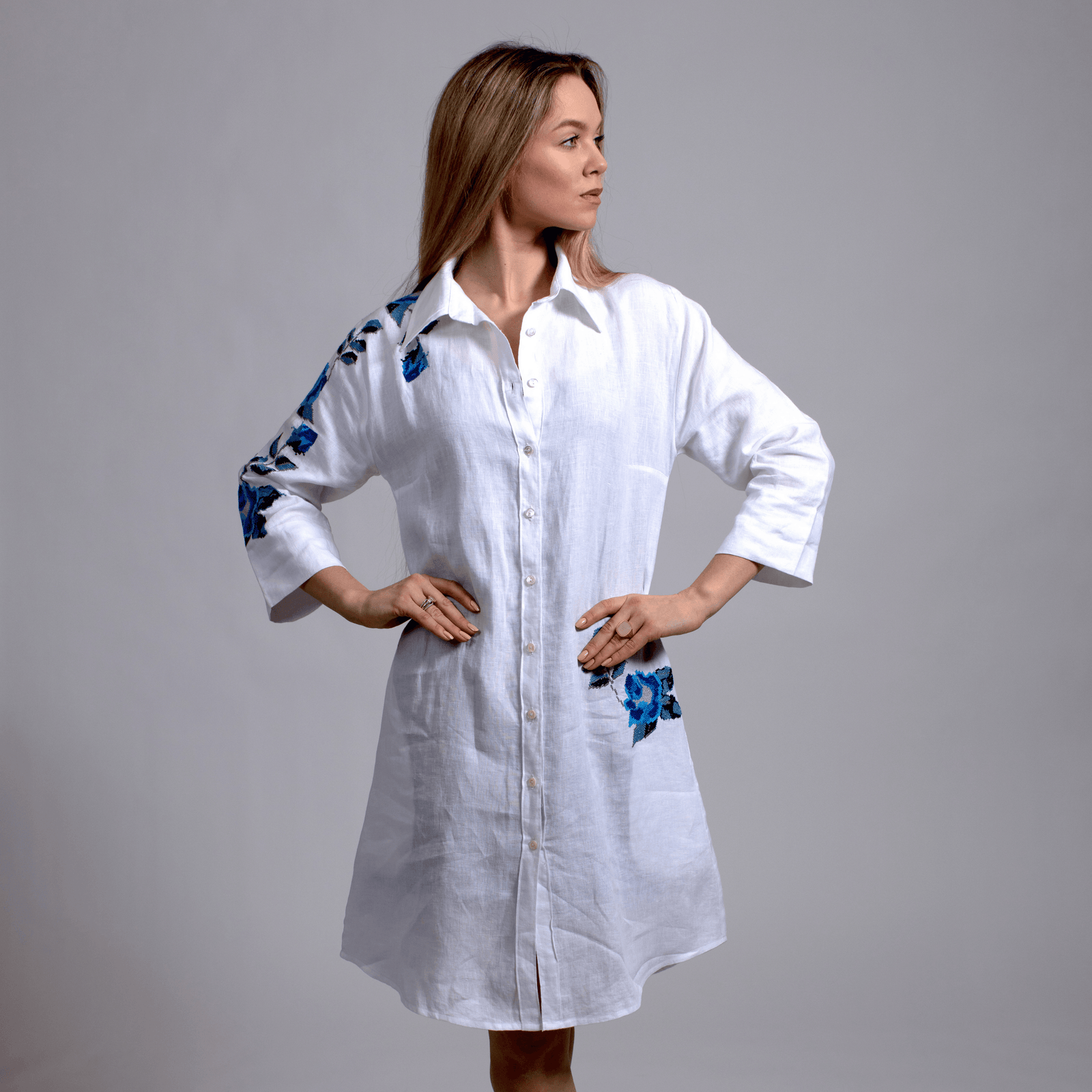 WHITE LINEN SHIRT DRESS SEA BLUE HANA ROSE