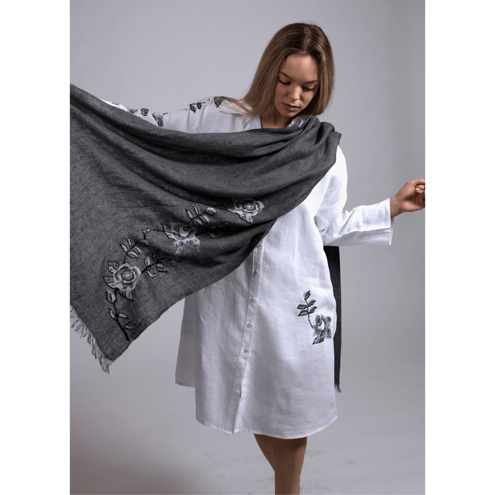 WHITE LINEN SHIRT DRESS STORM GRAY HANA ROSE