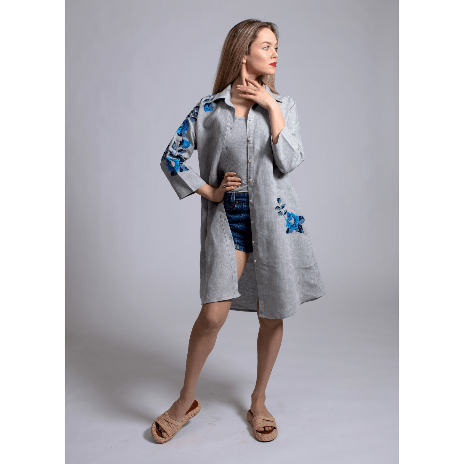GRAY LINEN SHIRT DRESS SEA BLUE HANA ROSE