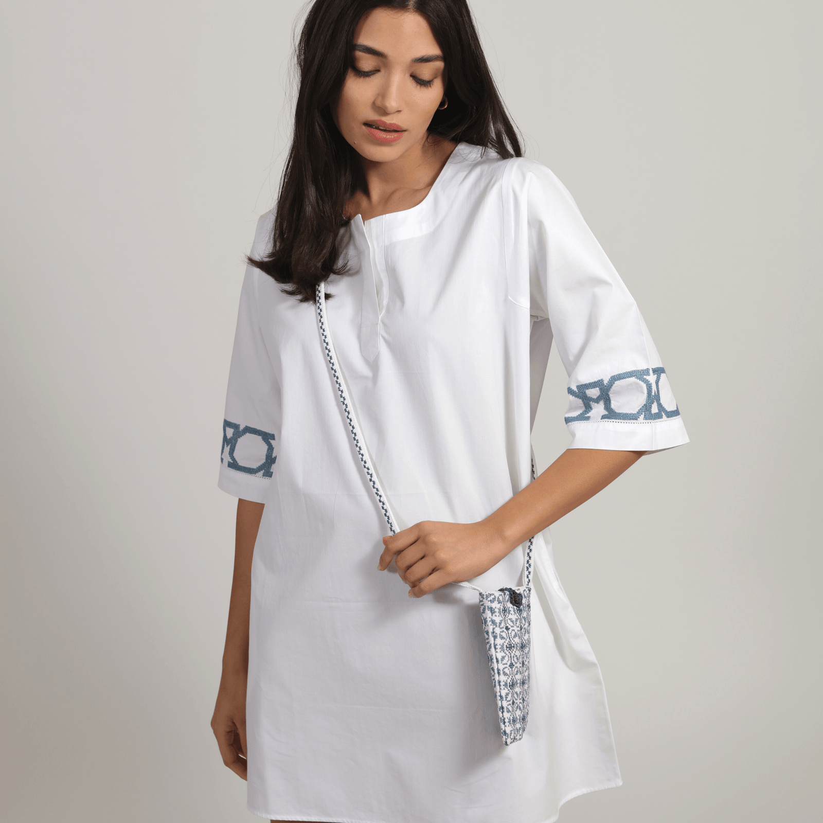 ESMERALDA | WHITE SHORT COTTON DRESS | BLUE AL QUDS