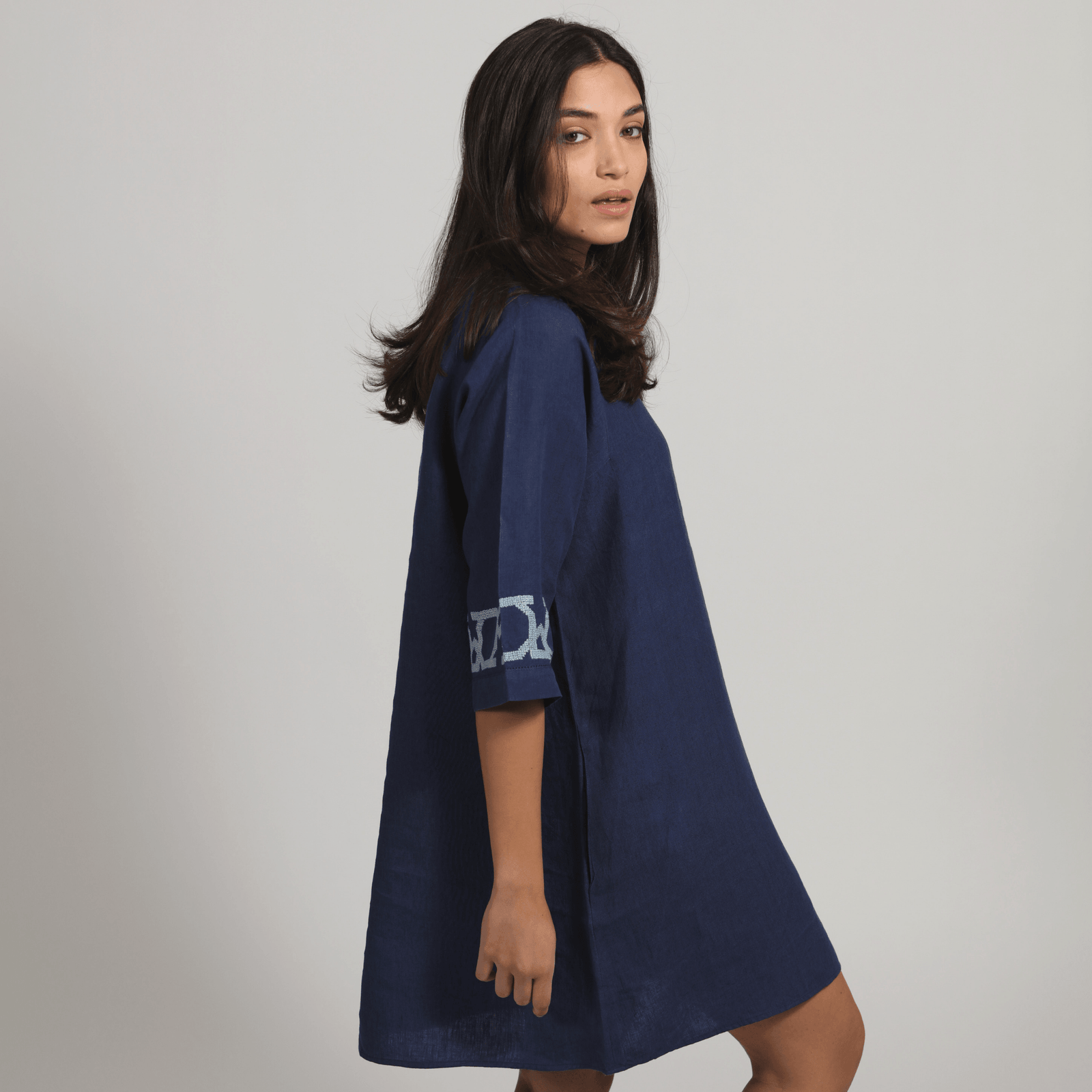 ESMERALDA INDIGO BLUE SHORT LINEN DRESS AL QUDS