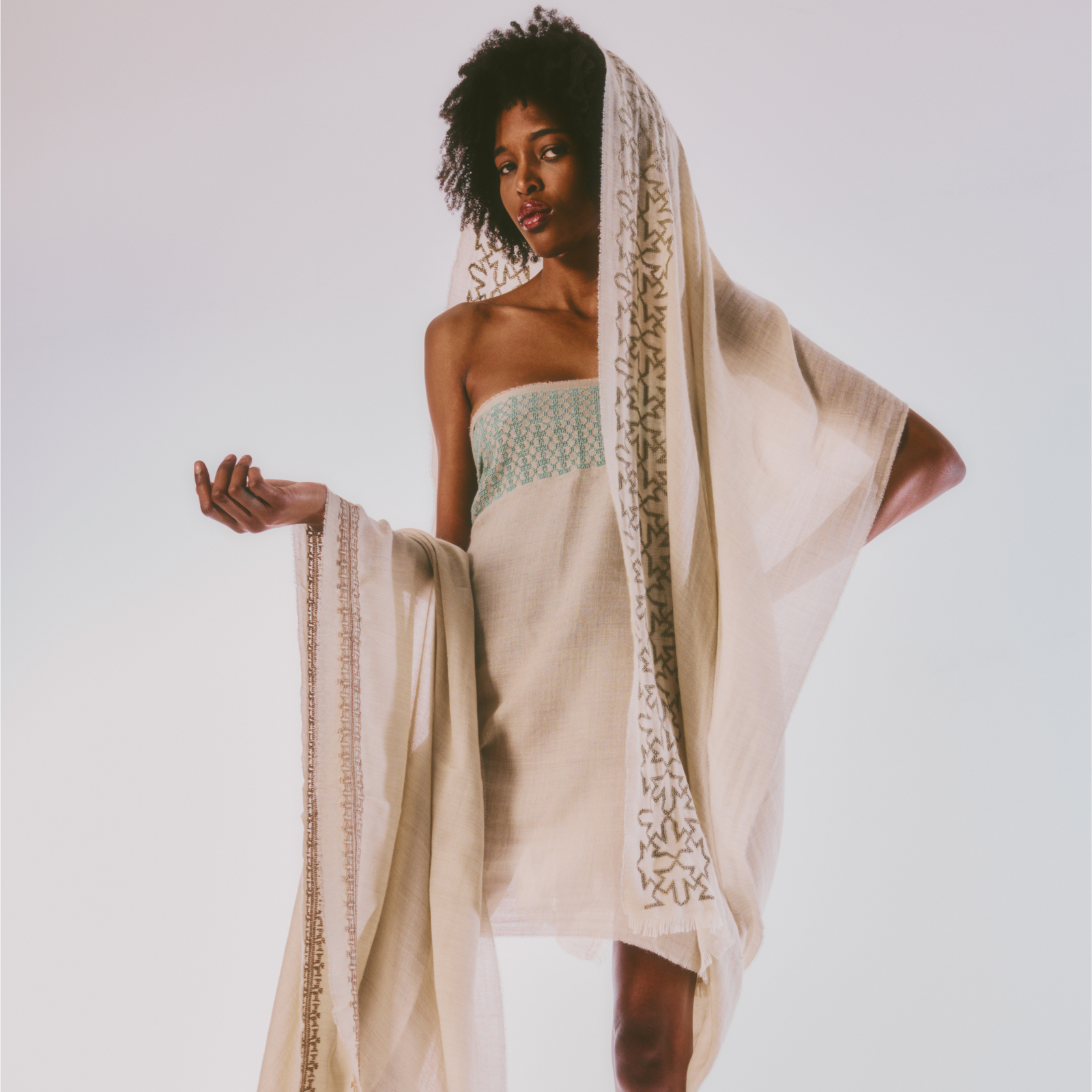 BEIGE CASHMERE & SILK SHAWL AQUA GREEN BEEHIVE