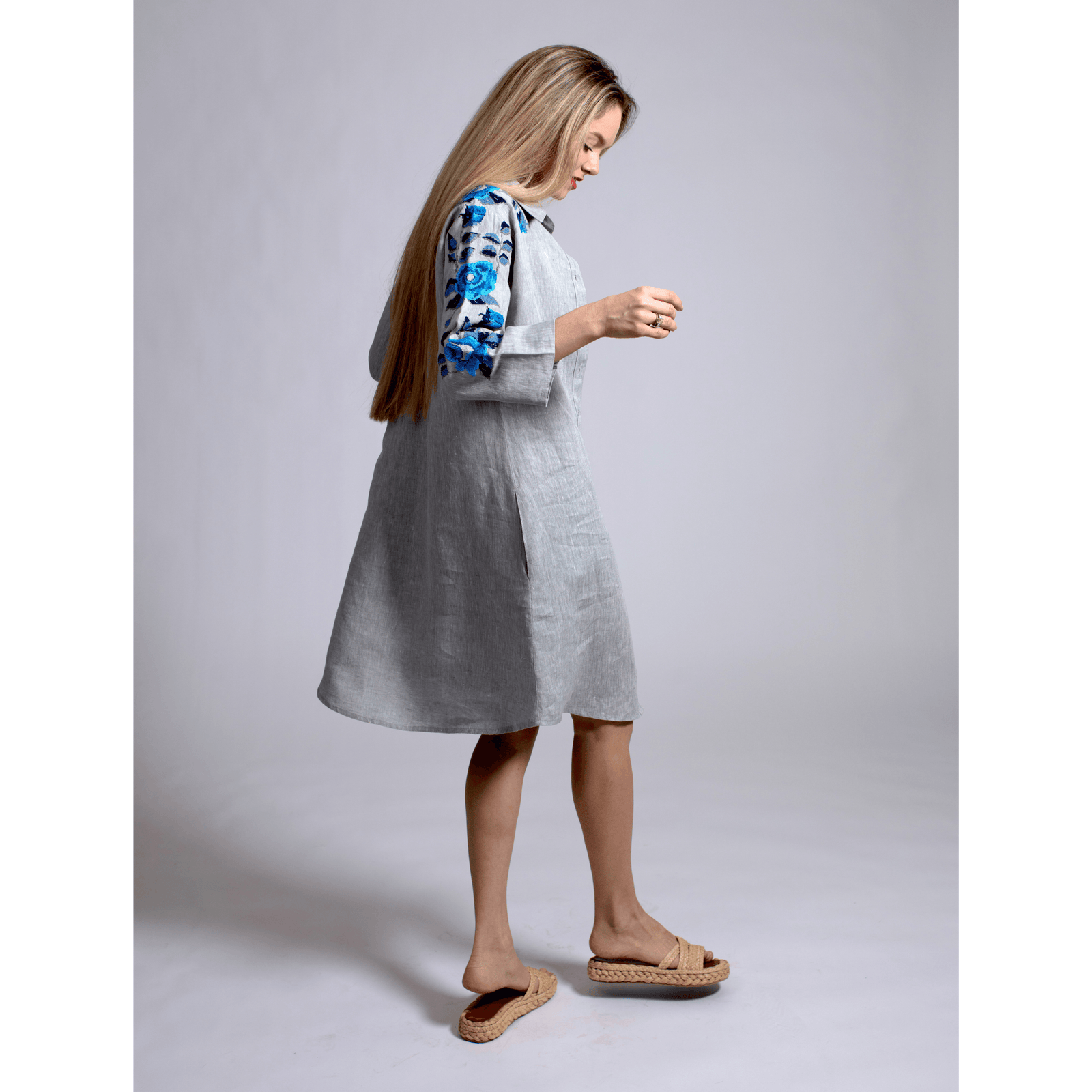 GRAY LINEN SHIRT DRESS SEA BLUE HANA ROSE
