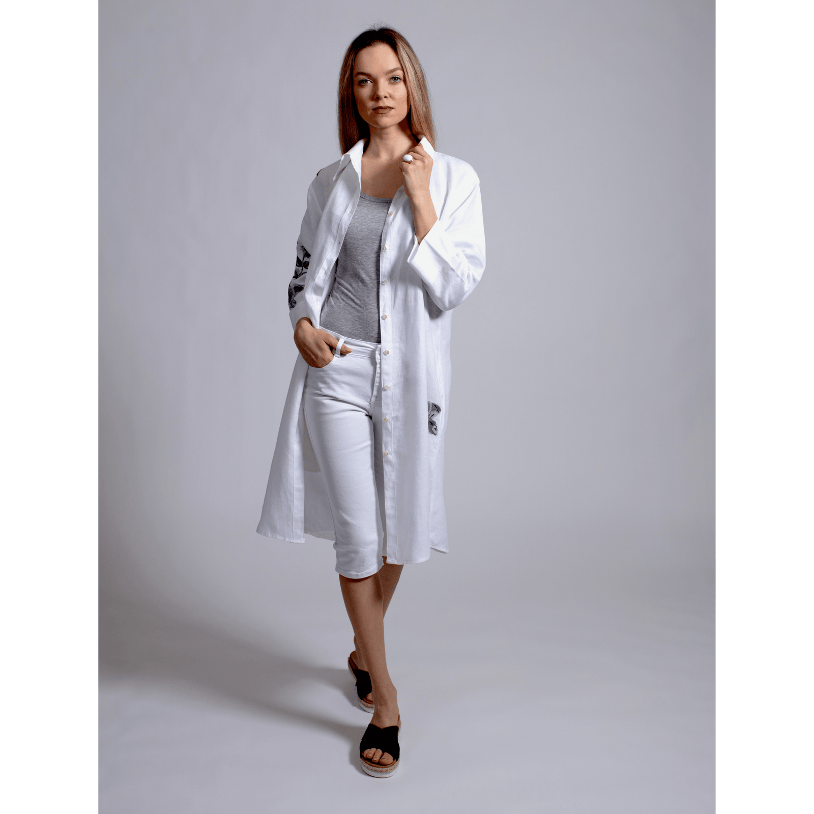 WHITE LINEN SHIRT DRESS STORM GRAY HANA ROSE