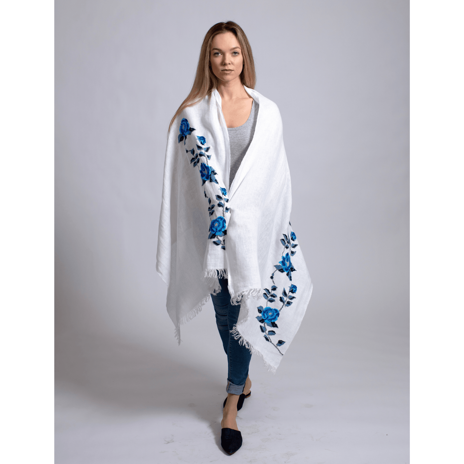 WHITE LINEN SHAWL SEA BLUE HANA ROSE