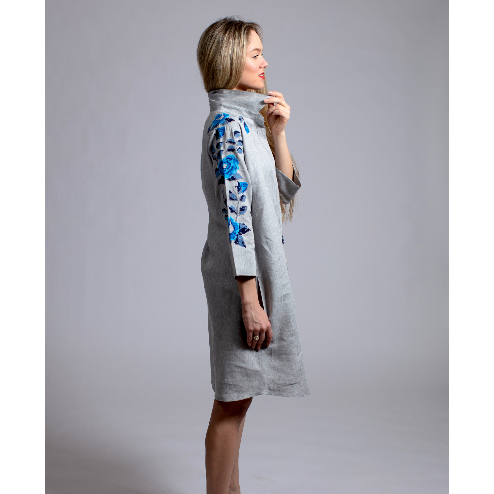 GRAY LINEN SHIRT DRESS SEA BLUE HANA ROSE