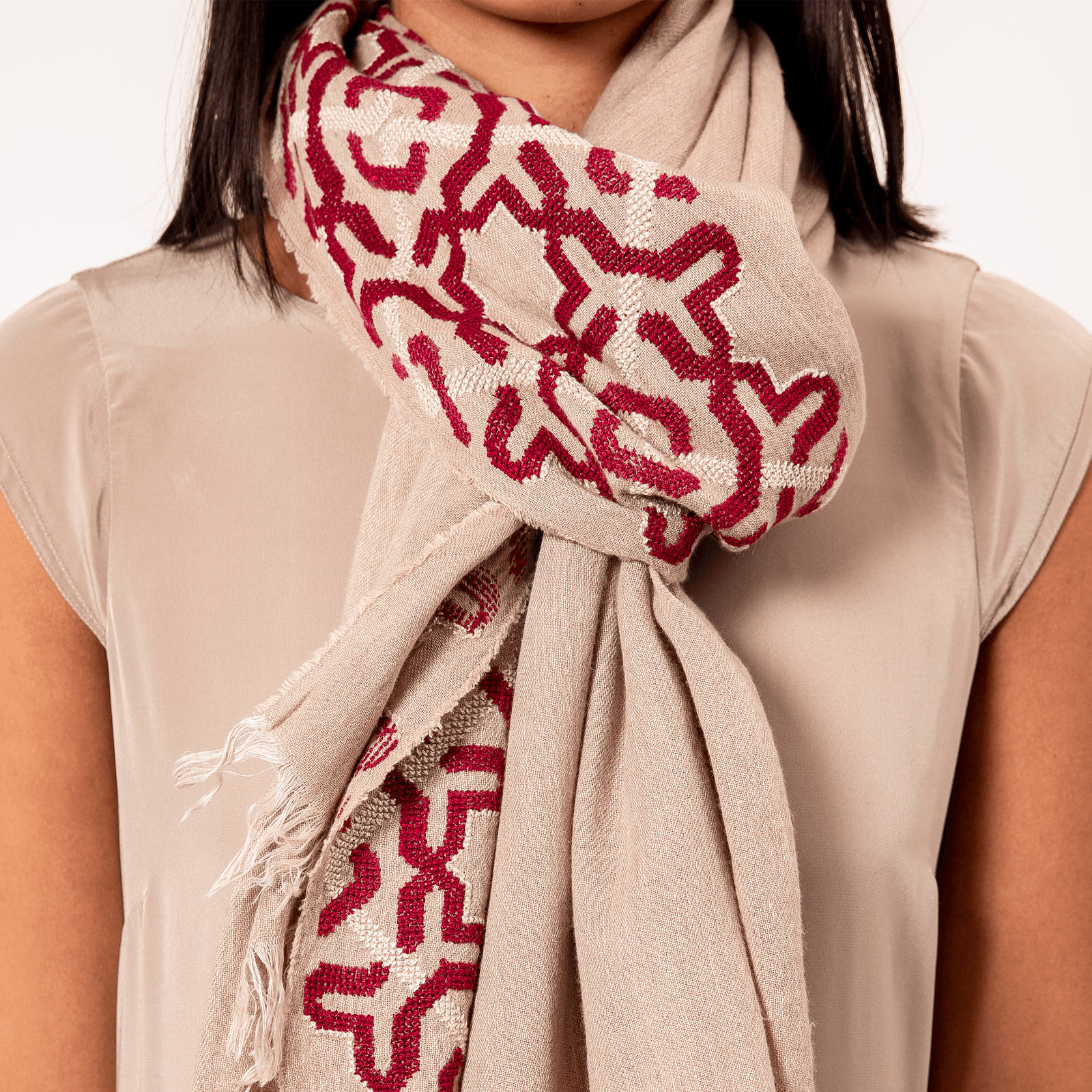 BEIGE LINEN SHAWL BURGUNDY ALHAMBRA