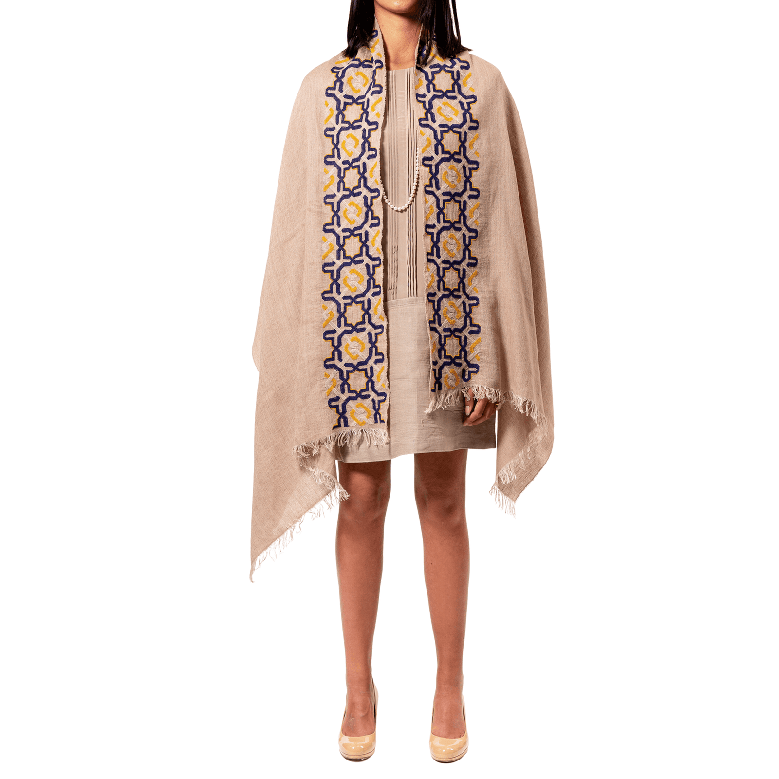 BEIGE LINEN SHAWL PORTOFINO BLUE ALHAMBRA
