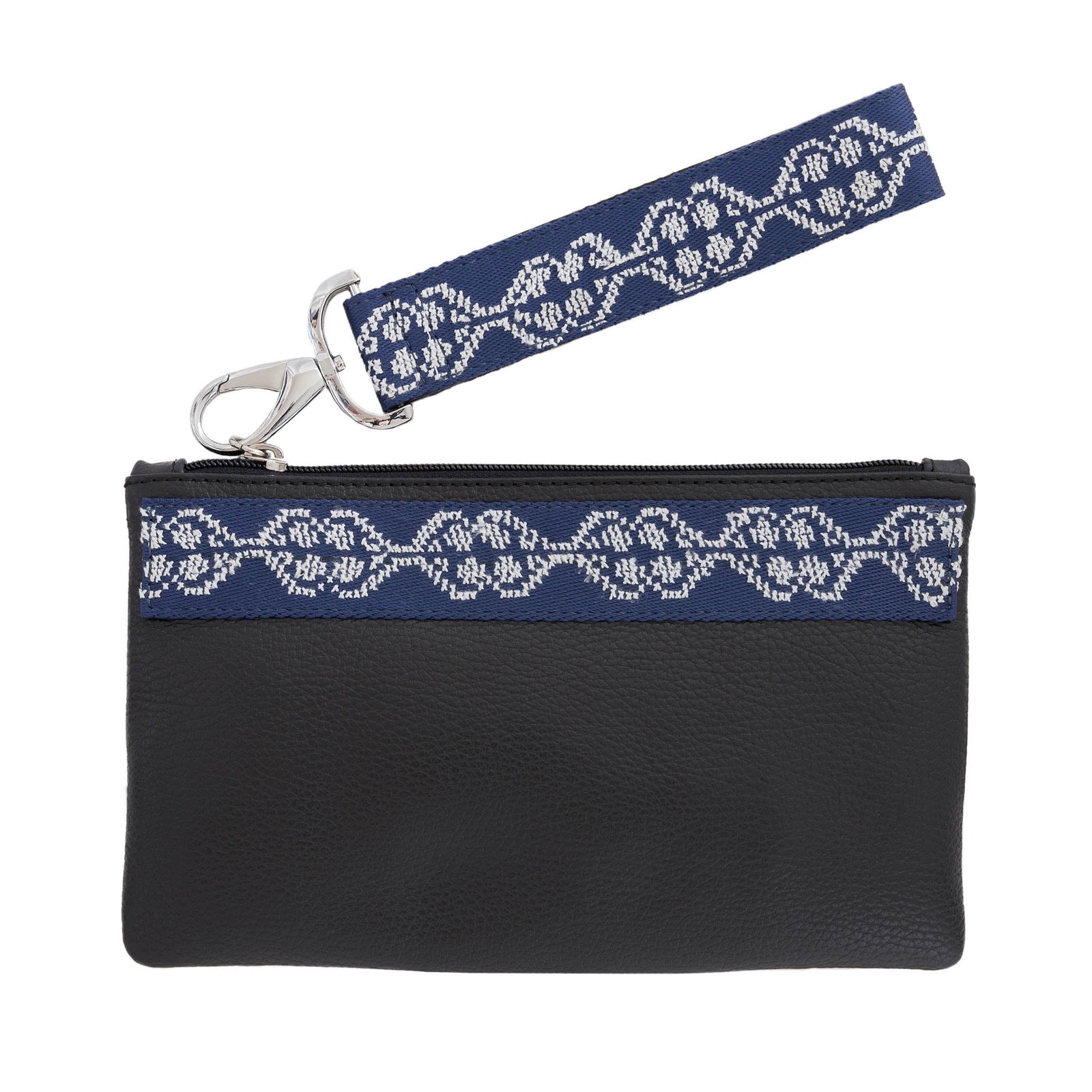 GRAIN LEATHER POUCH WITH EMBROIDERED RIBBON