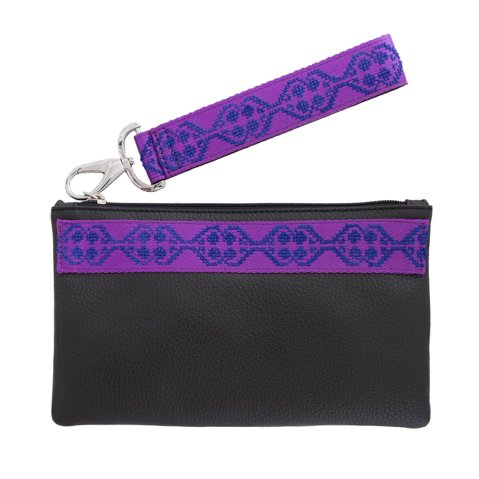GRAIN LEATHER POUCH WITH EMBROIDERED RIBBON