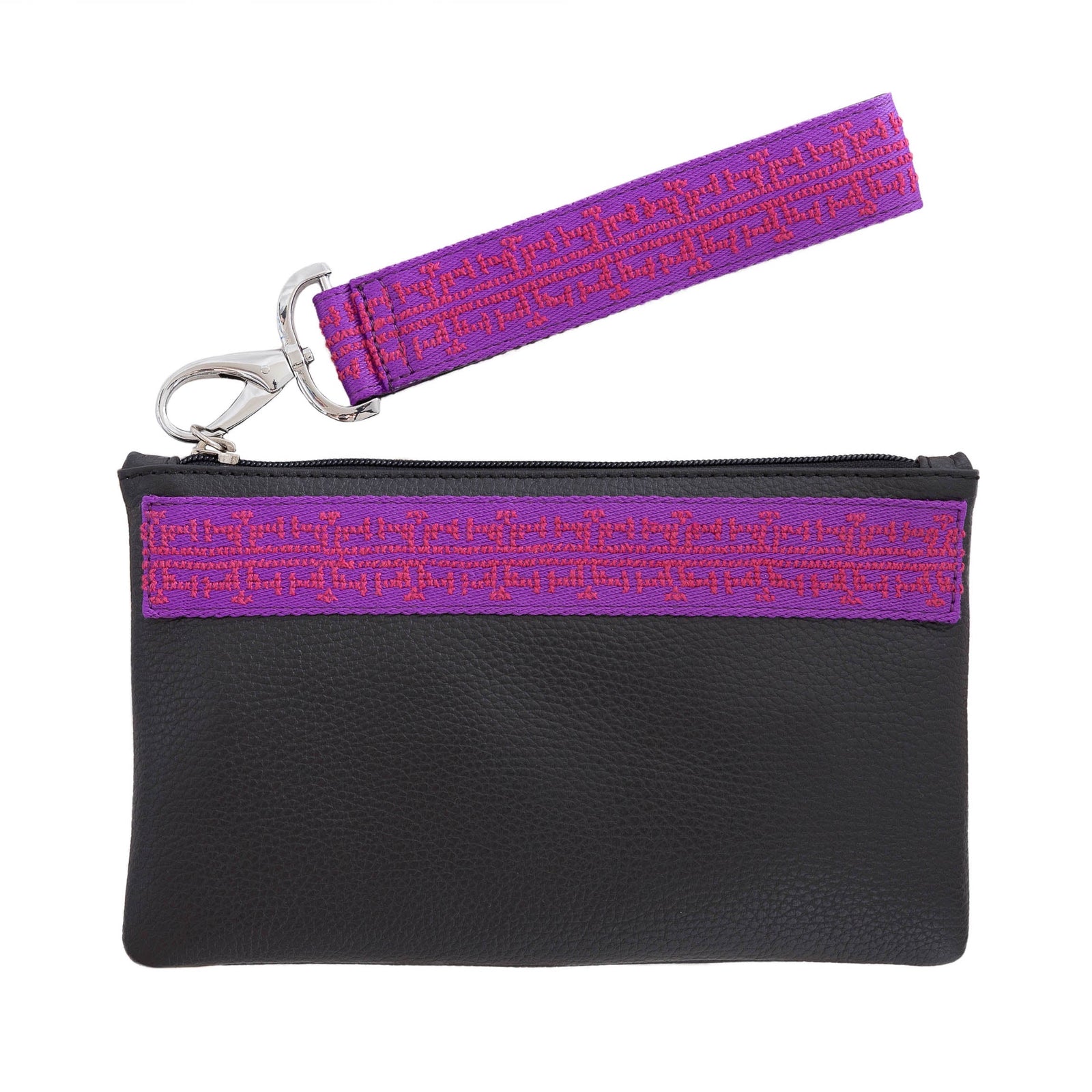 GRAIN LEATHER POUCH WITH EMBROIDERED RIBBON