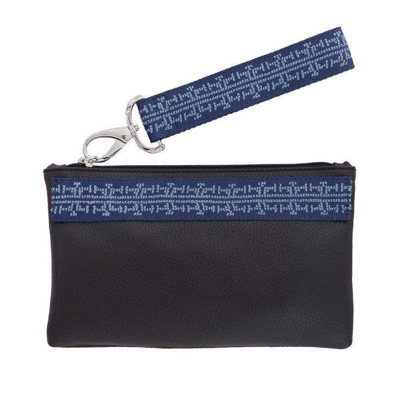 GRAIN LEATHER POUCH WITH EMBROIDERED RIBBON