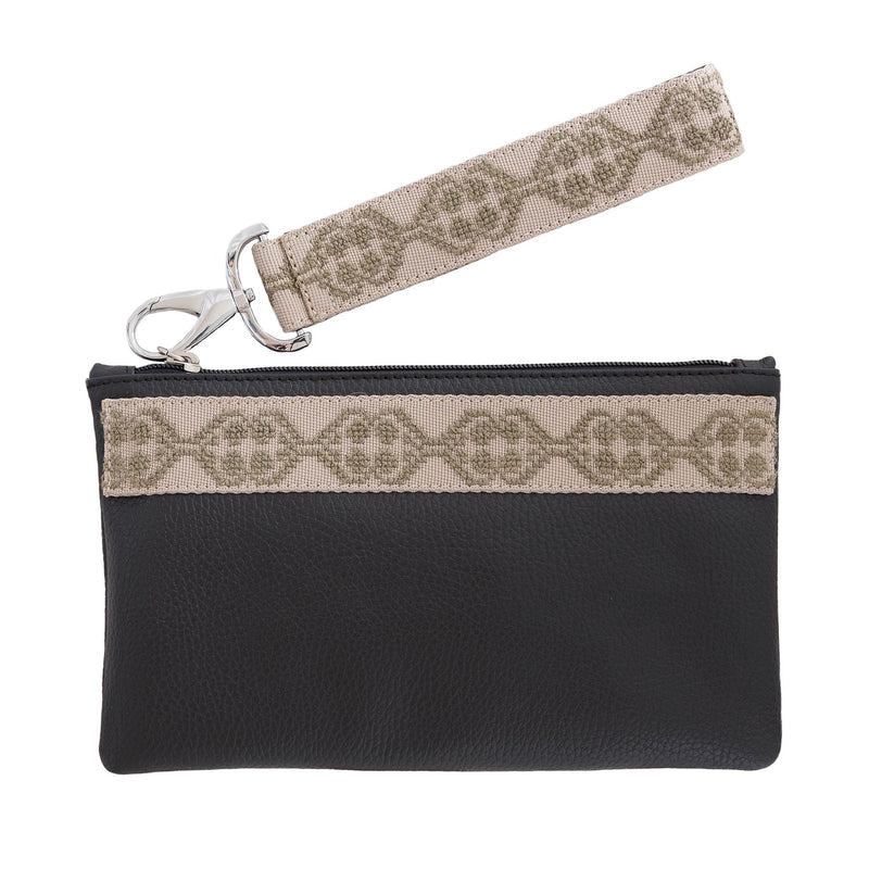 GRAIN LEATHER POUCH WITH EMBROIDERED RIBBON