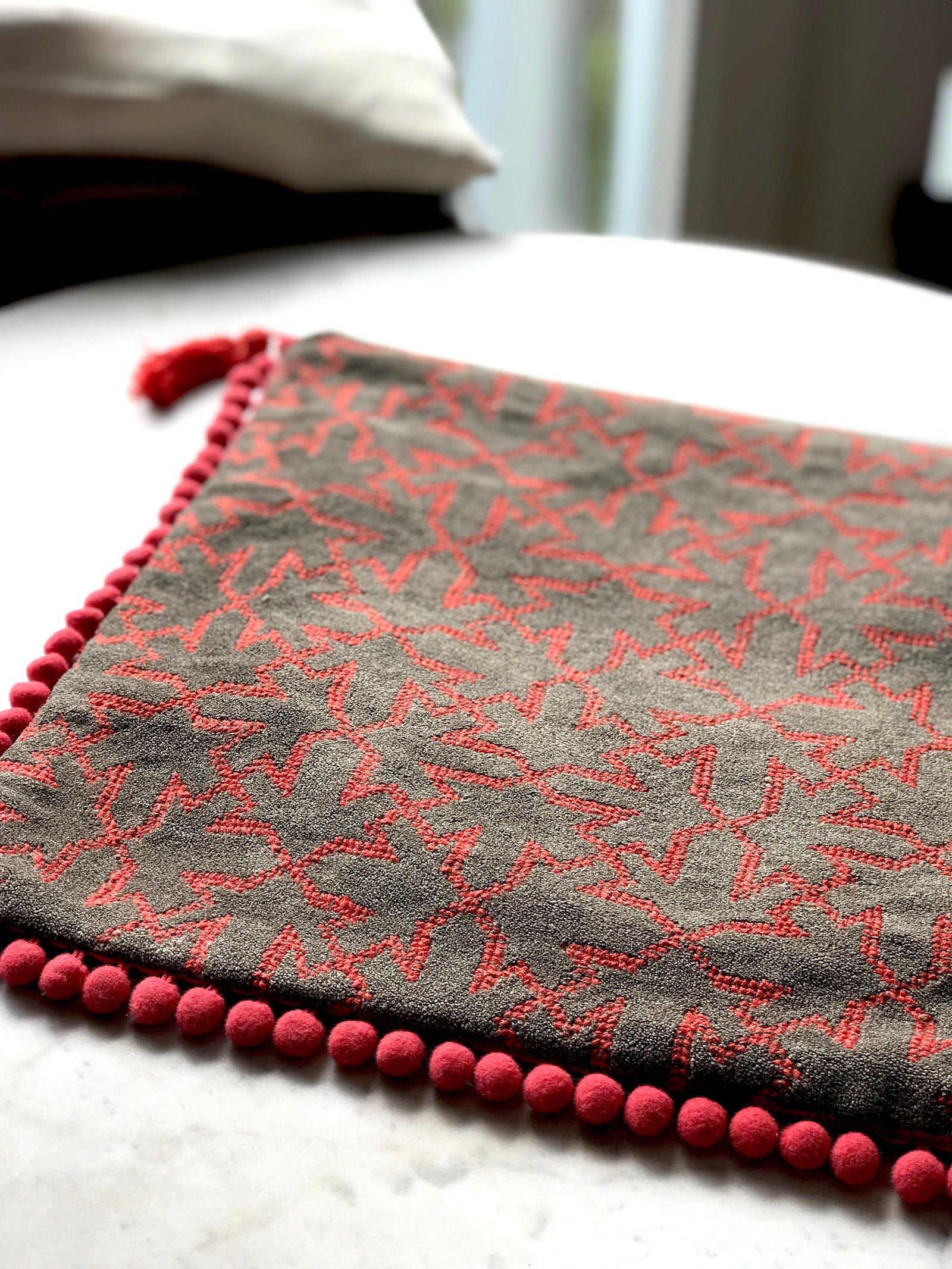 Coral on Taupe/Coral Pompons