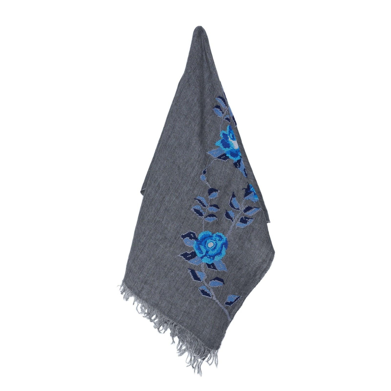 GRAY LINEN SHAWL SEA BLUE HANA ROSE