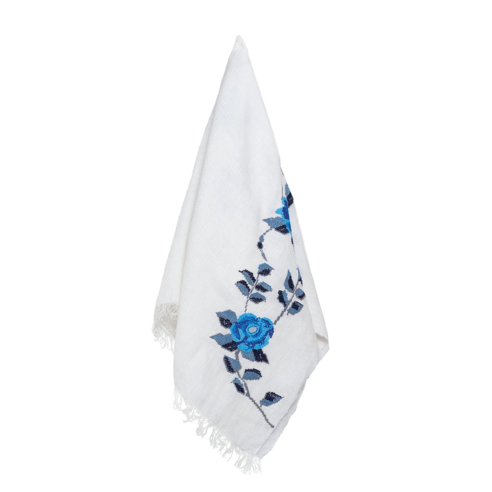 WHITE LINEN SHAWL SEA BLUE HANA ROSE