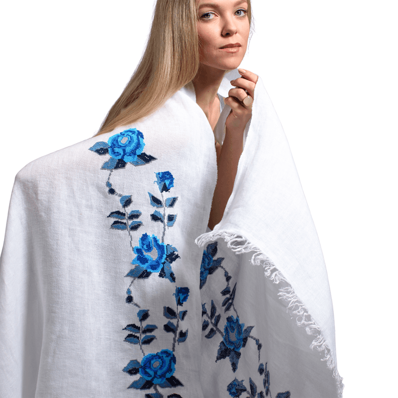WHITE LINEN SHAWL SEA BLUE HANA ROSE